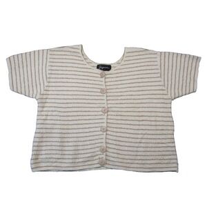 Vtg Jaguar Blouse Womens L Beige Ivory Striped Button Up Cropped Boxy Boho Beach